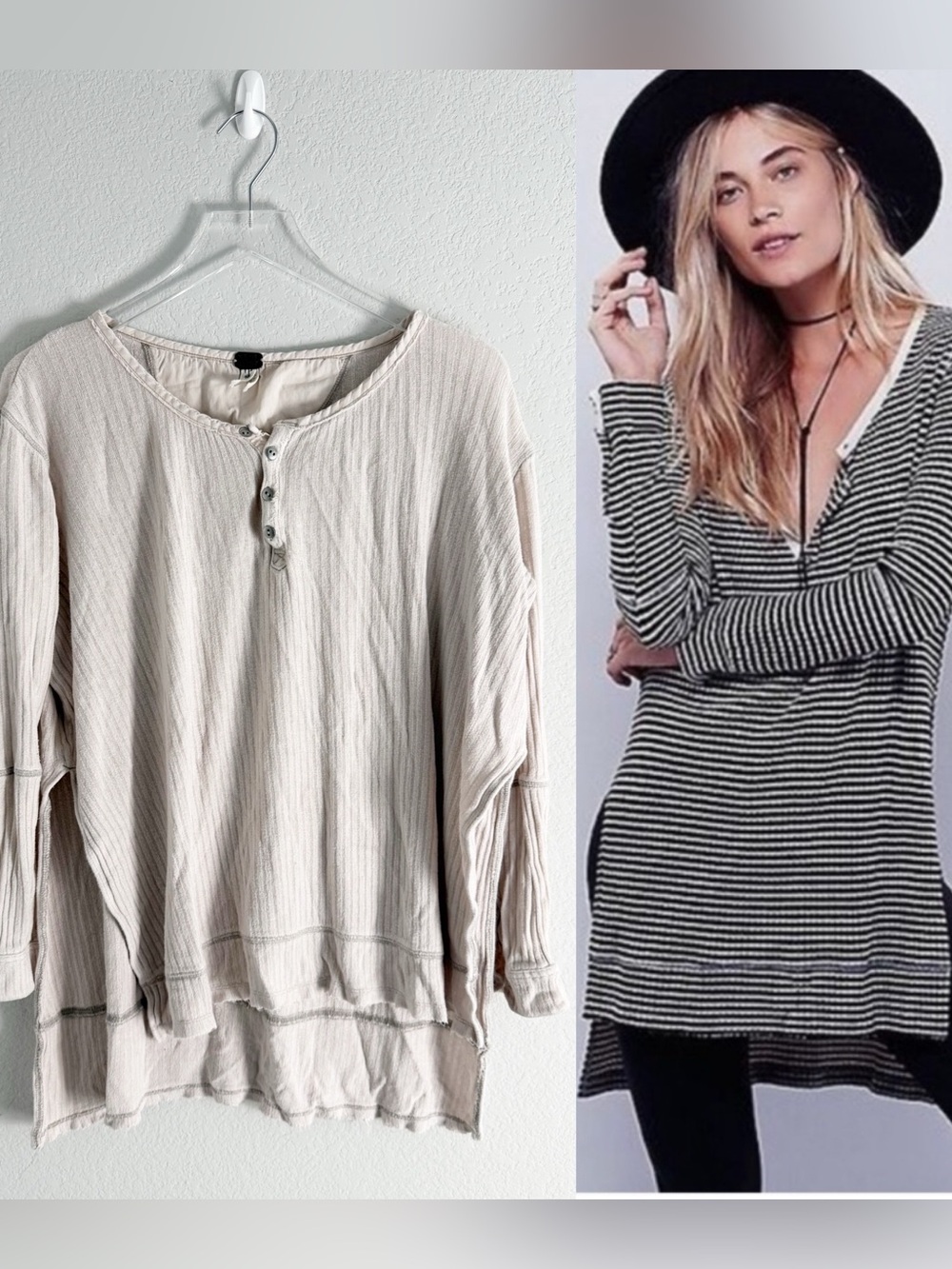 Free People Gwen Cream Ribbed Henley Tunic Top